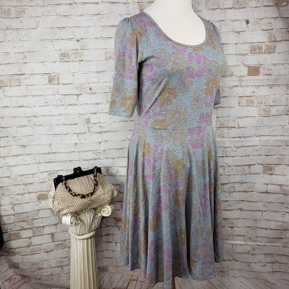 NWT LuLaRoe Size 2XL Heather Gray Pink Floral Nicole Fit & Flare Dress Stretch - Picture 6 of 11